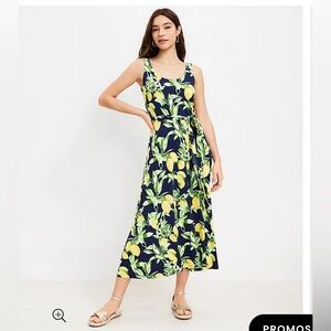 Loft lemon tie waist midi dress size M